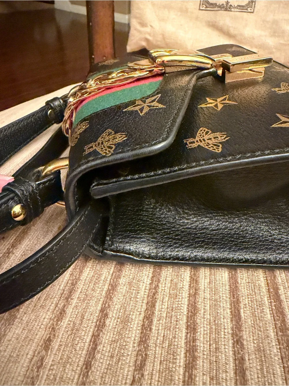 Authentic Gucci Sylvie Bee Star Black Leather Satchel w/ strap
